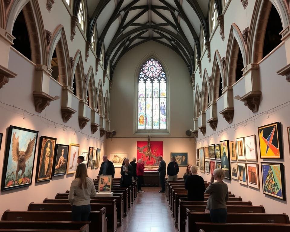 Bezoek een kunsttentoonstelling in een oude kerk