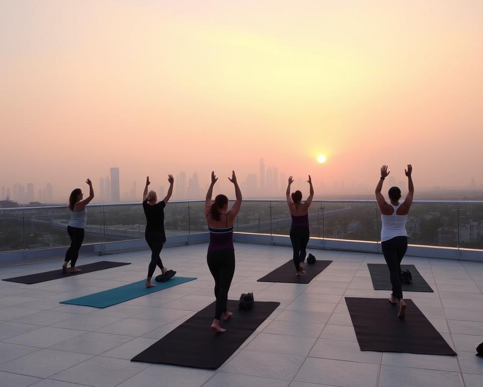 Ga naar een rooftop yoga sessie bij zonsopgang