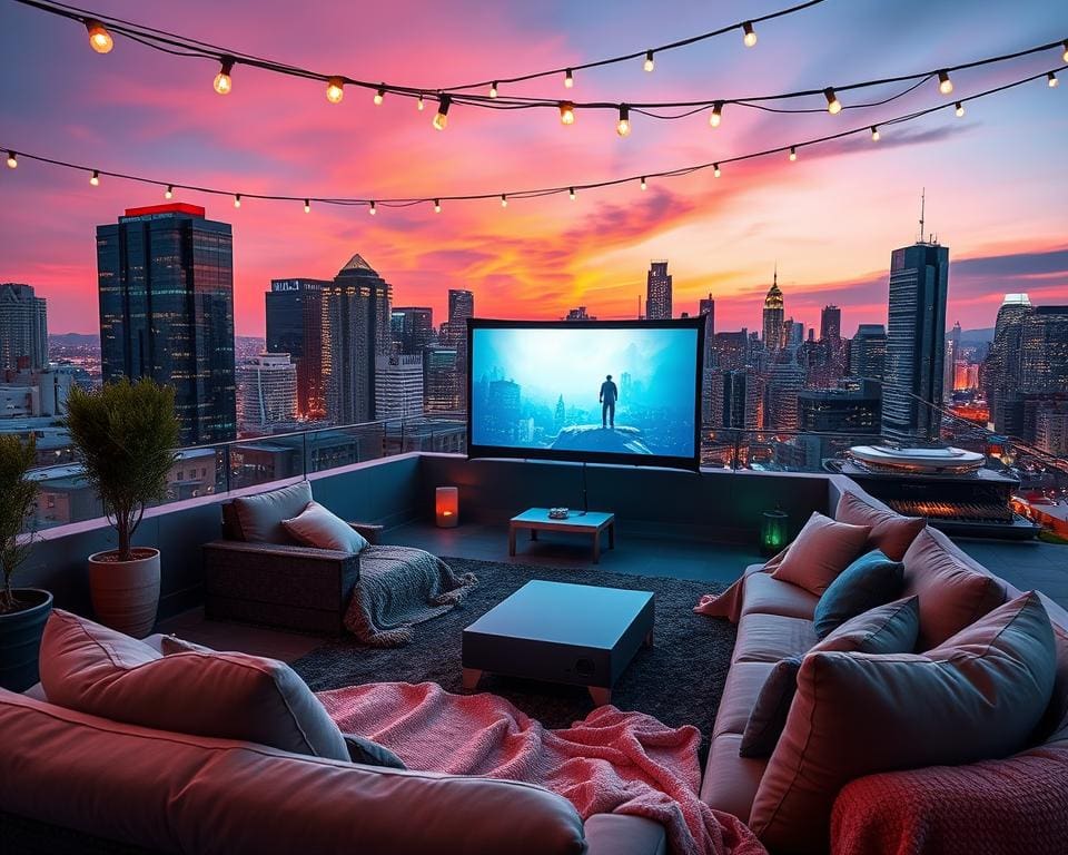 Geniet van een roof top filmavond met uitzicht op de skyline