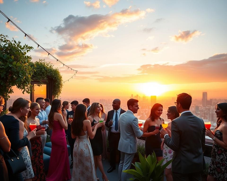 Geniet van een rooftop party met zonsondergang en cocktails